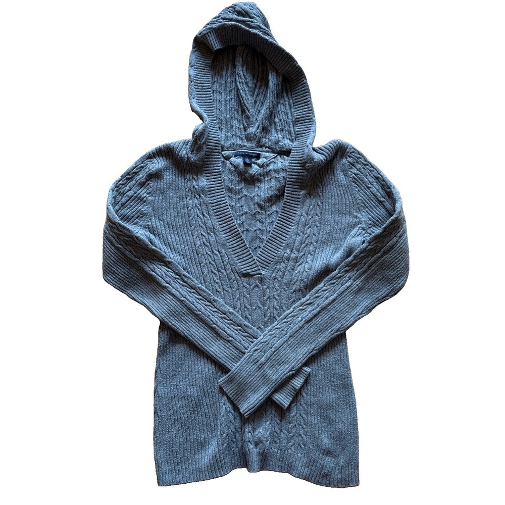 Tommy Hilfiger V-Neck Sweater Hooded Womens Size M Grey Cable Knit Pullover Prep